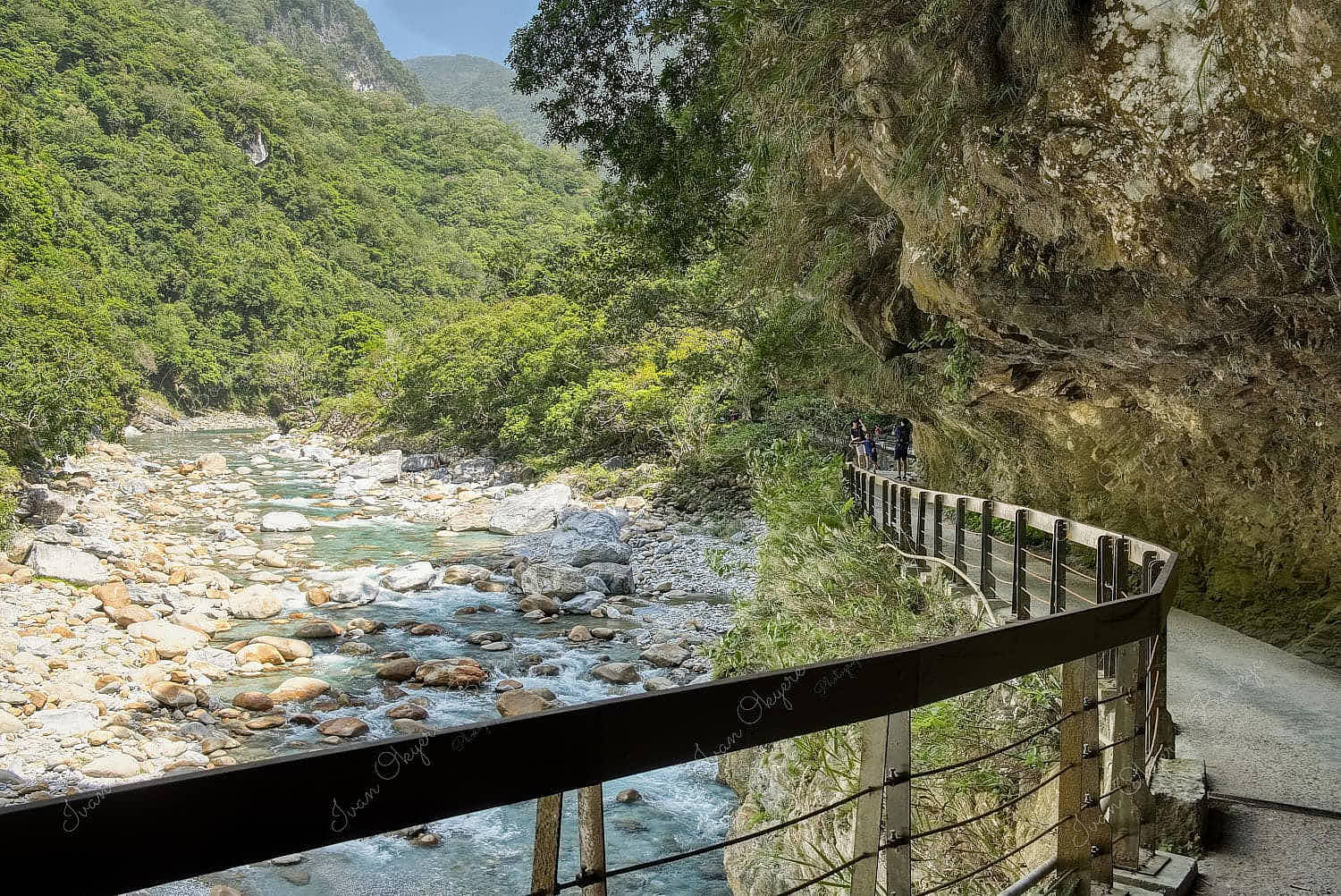 Walking path built into side of mountain on Shakadang trail in Taroko Gorge, Taroko National Park, Taiwan
