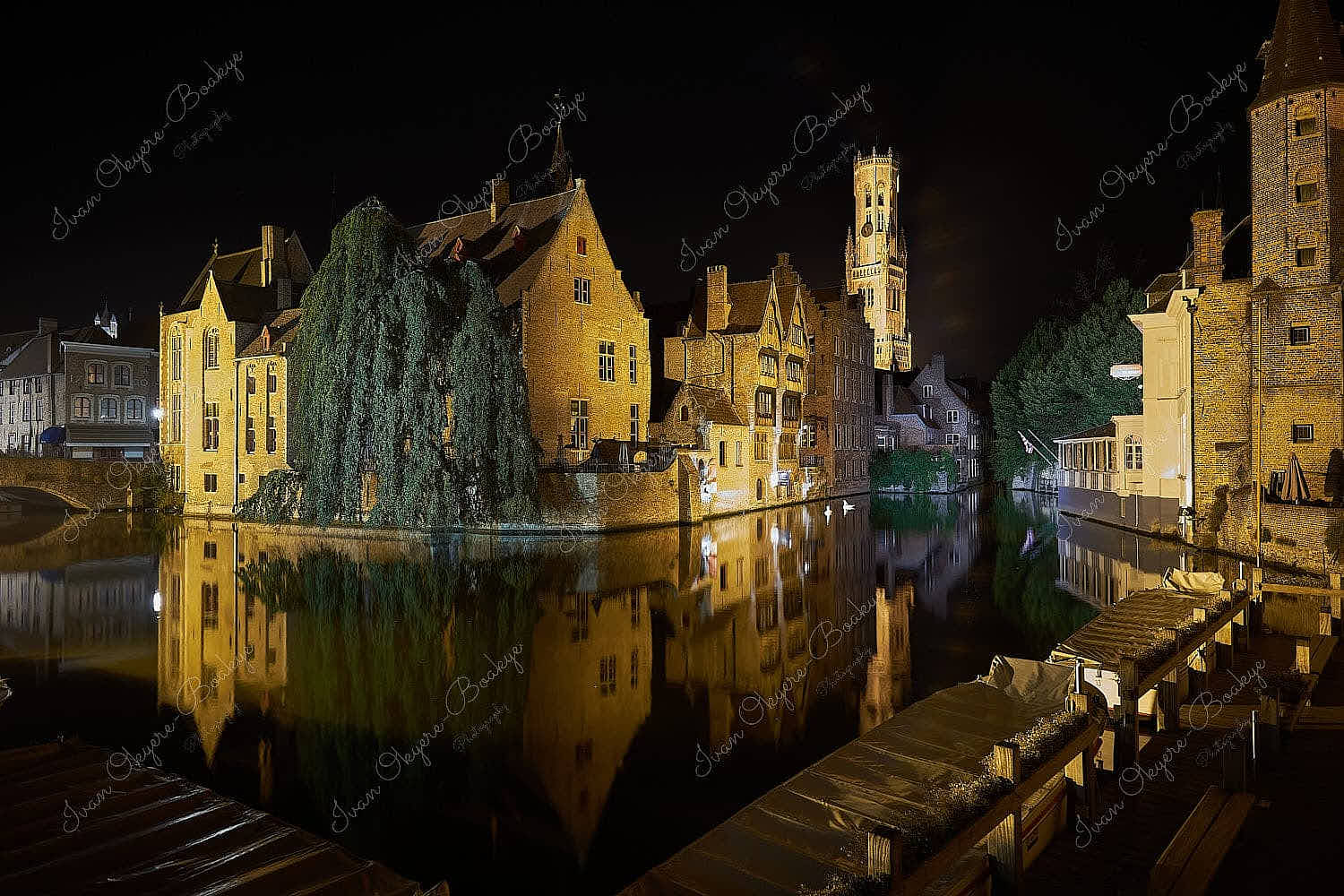 Nighttime view of the Belfry of Bruges from Rozenhoedkaai, Bruges, Belgium