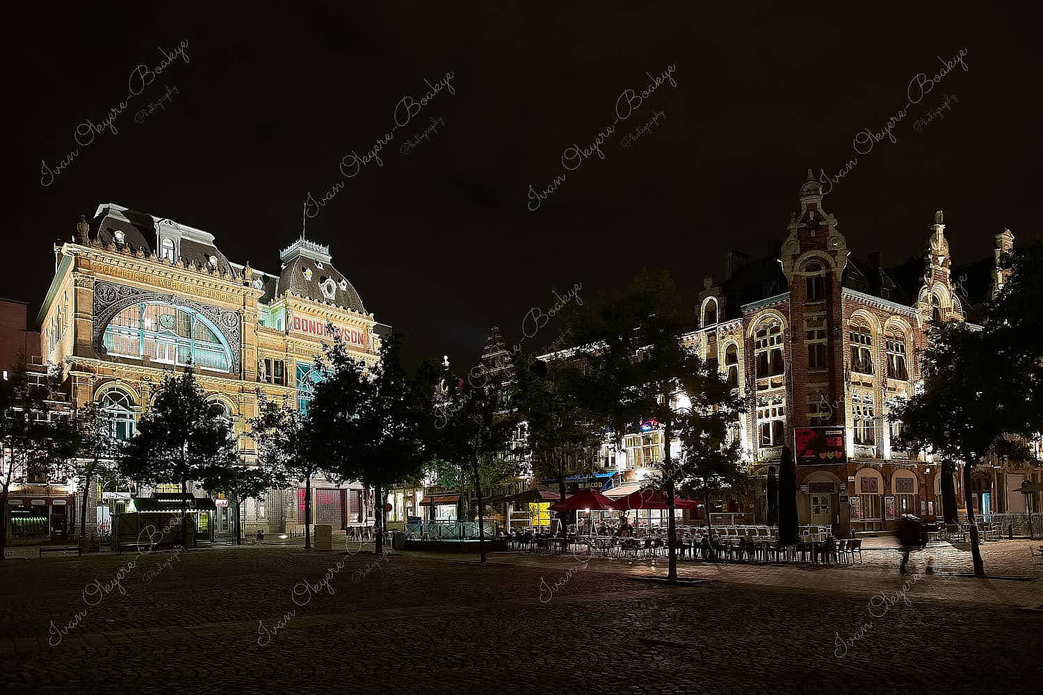 View of Bond Moyson building in Vrijdagmarkt at night, Ghent, Belgium